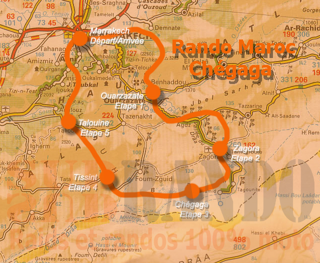 Carte de la rando raid moto Marakkech Chegaga